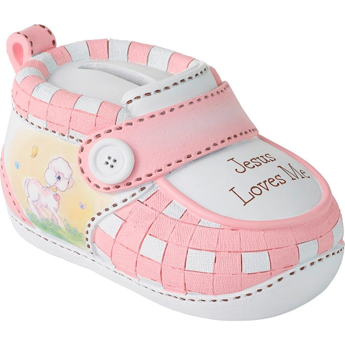Precious Moments Jesus Loves Me Baby Girl Pink Bootie Coin Bank