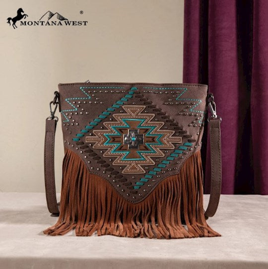 Montana West Crossbody Bag - Aztec Cross W/ Fringe (Concealed Carry) - Coffee