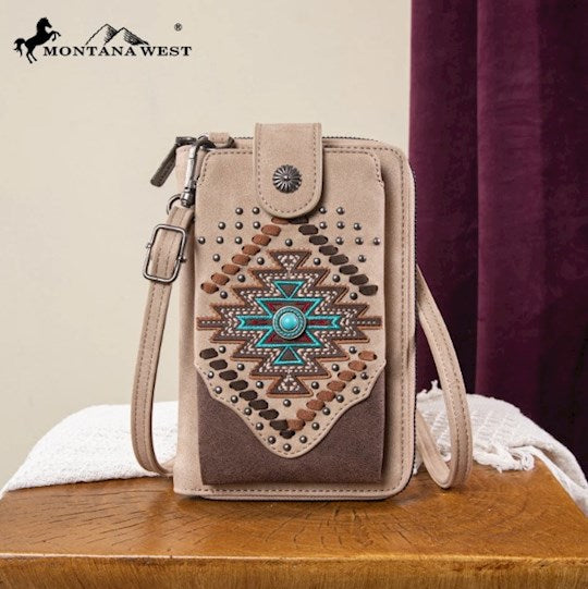 Montana West Phone Wallet Tan Crossbody Bag Aztec Cross