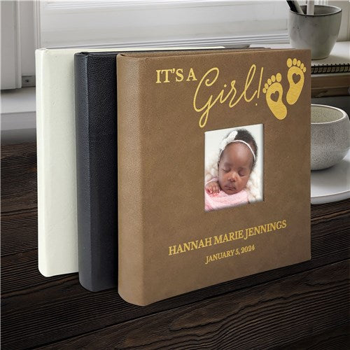 Engraved It's a Boy or Girl and Feet with Hearts Leatherette Photo Album