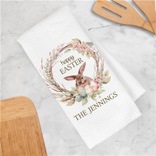 Personalized Watercolor Easter Bunny and Wreath Waffle Weave Hand Towel