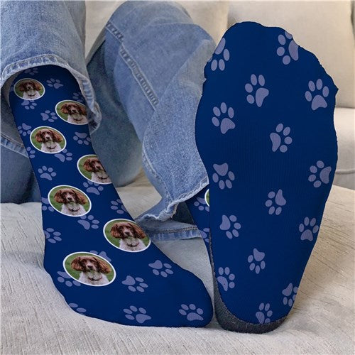 Personalized Circle Photo with Paw Prints Crew Socks