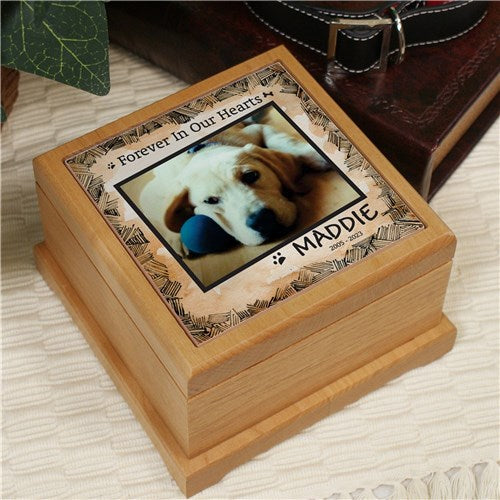 Personalized Forever in our Hearts Memorial Pet Photo Wooden Urn