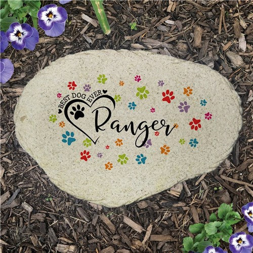 Personalized Best Dog Ever Colorful Paws Flat Pet Garden Stone
