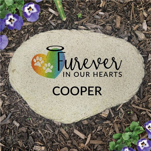 Personalized Rainbow Heart with Paw Prints Flat Pet Garden Stone