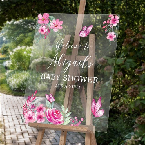 Personalized Pink Flowers and Butterflies Acrylic Sign