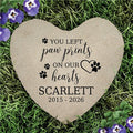 Personalized Paw Print On Our Hearts with Heart and Paws Flat Heart Pet Garden Stone
