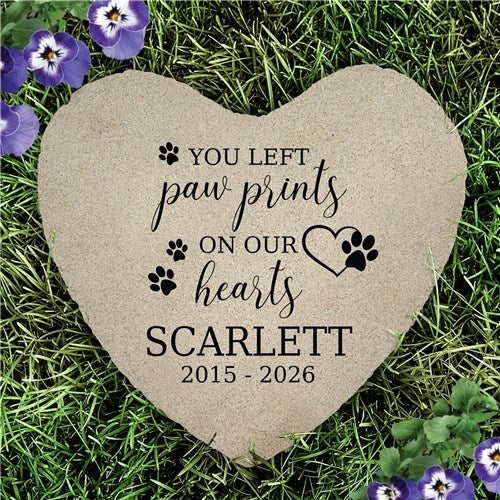 Personalized Paw Print On Our Hearts with Heart and Paws Flat Heart Pet Garden Stone