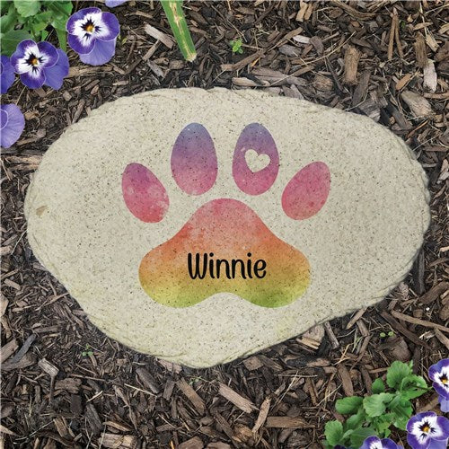 Personalized Watercolor Rainbow filled Paw print with Name Flat Pet Garden Stone