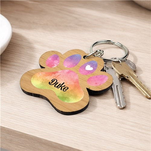 Personalized Watercolor Rainbow filled Paw print Keychain