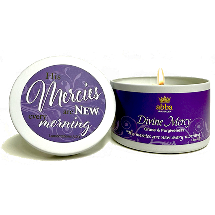 Abba Scripture Candle Divine Mercy Grace & Forgiveness 8 oz in White Tin