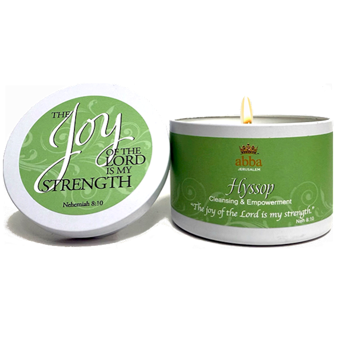 Abba Candle Hyssop w/ Scripture White Tin - 8 Oz The Joy of the Lord is My Strength