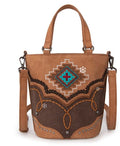 Bucket Tote/Crossbody Bag-Aztec Cross-Brown Handbag Pocketbook