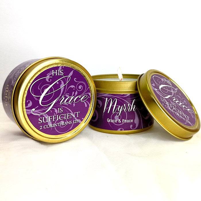 Candle-Myrrh w/Scripture-Gold Tin-6 Oz - His Grace is Sufficient