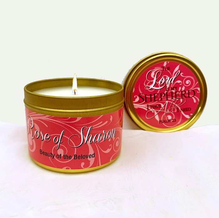 Candle-Rose Of Sharon w/Scripture Gold Tin-6 Oz The Lord is My Shepherd