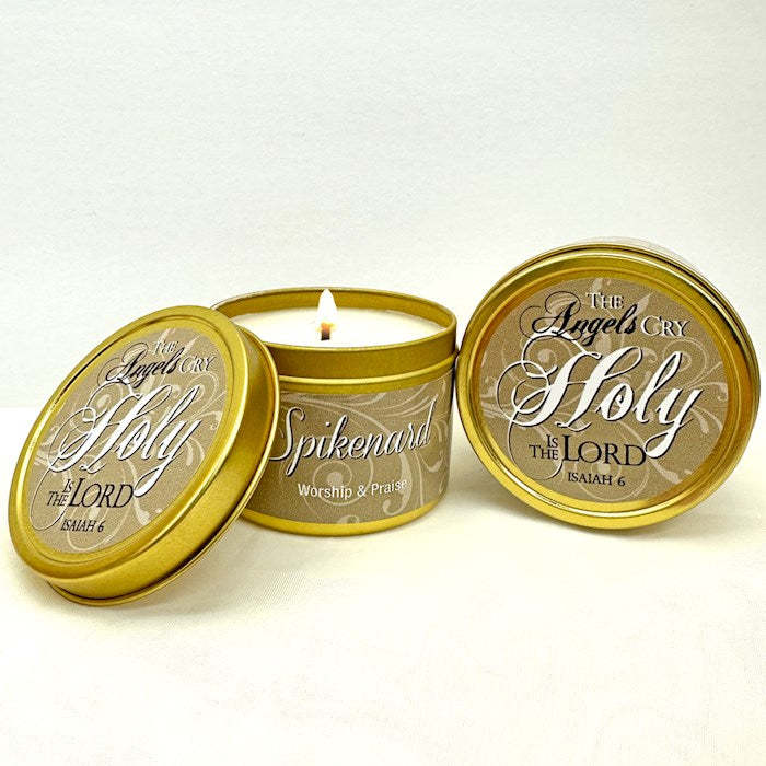Candle-Spikenard w/Scripture Gold Tin-6 Oz The Angels Cry Holy is the Lord