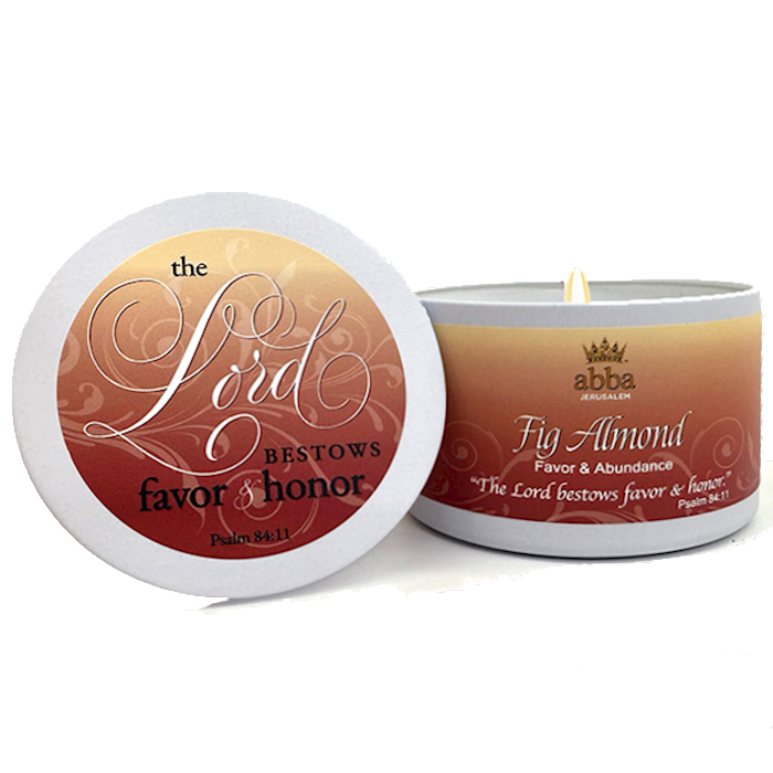 Abba Scripture Candle Fig Almond Favor & Abundance 8 oz White Tin