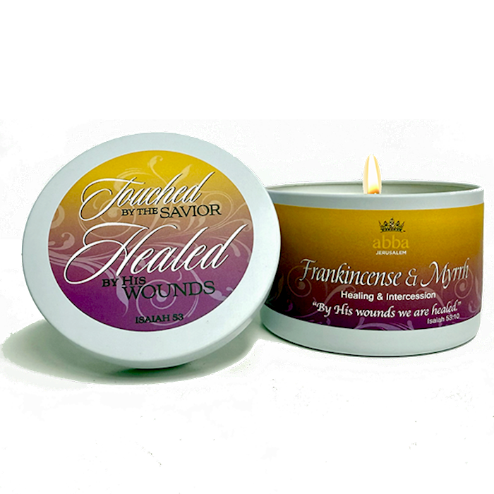 Abba Candle - Frankincense & Myrrh w/ Scripture White Tin - 8 Oz Healing & Intercession