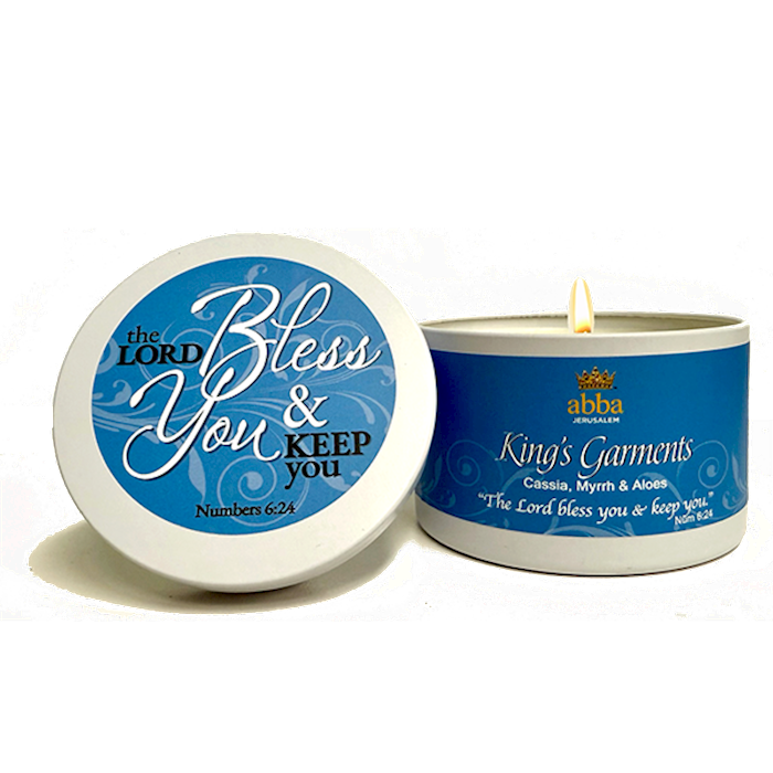Abba Candle - King's Garment w/ Scripture White Tin - 8 Oz The Lord Bless You
