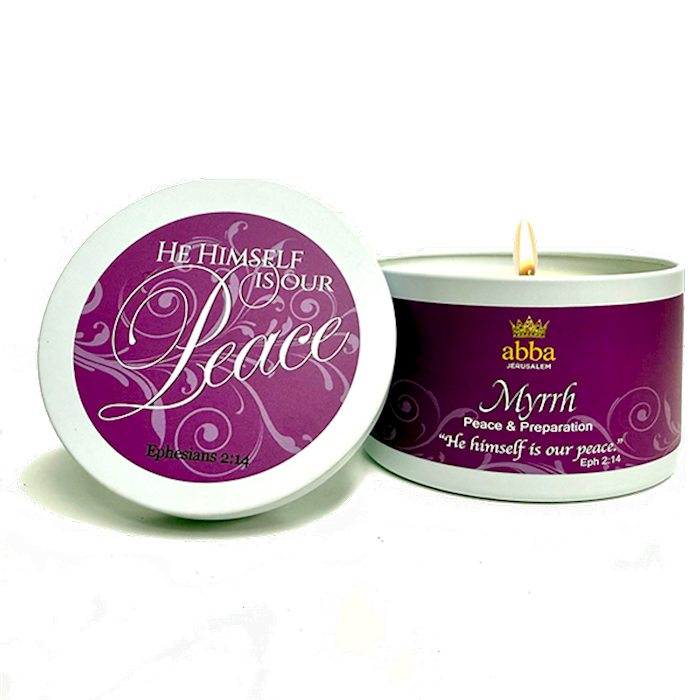 Abba Candle - Myrrh w/ Scripture- White Tin - 8 Oz - Peace & Preparation