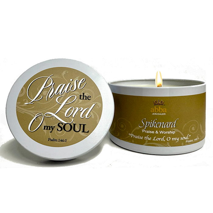 Abba Candle - Spikenard w/ Scripture White Tin - 8 Oz Praise & Worship